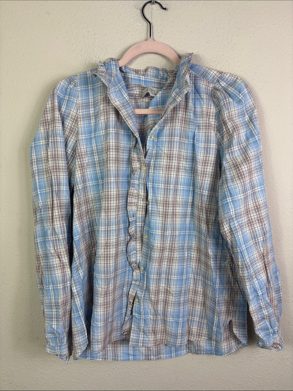 Loft Tan Blue Plaid Long Sleeve Button Down Shirt Ruffled sz Small